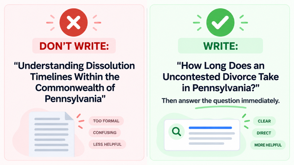 Example showing how law firms can replace complicated legal-style headings with clear questions potential clients actually search.