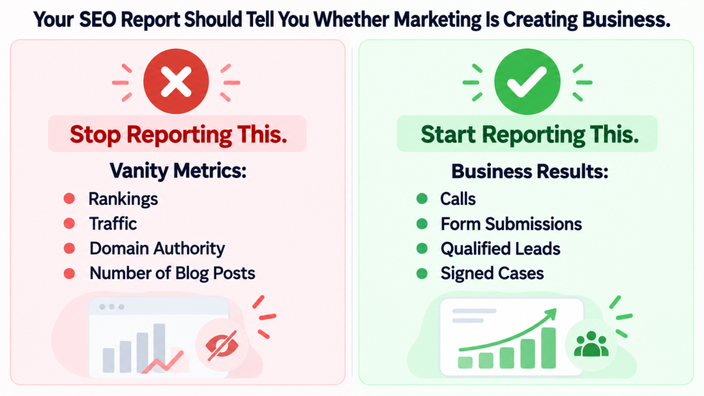 Comparison of law firm SEO vanity metrics with business metrics including calls, leads and signed cases